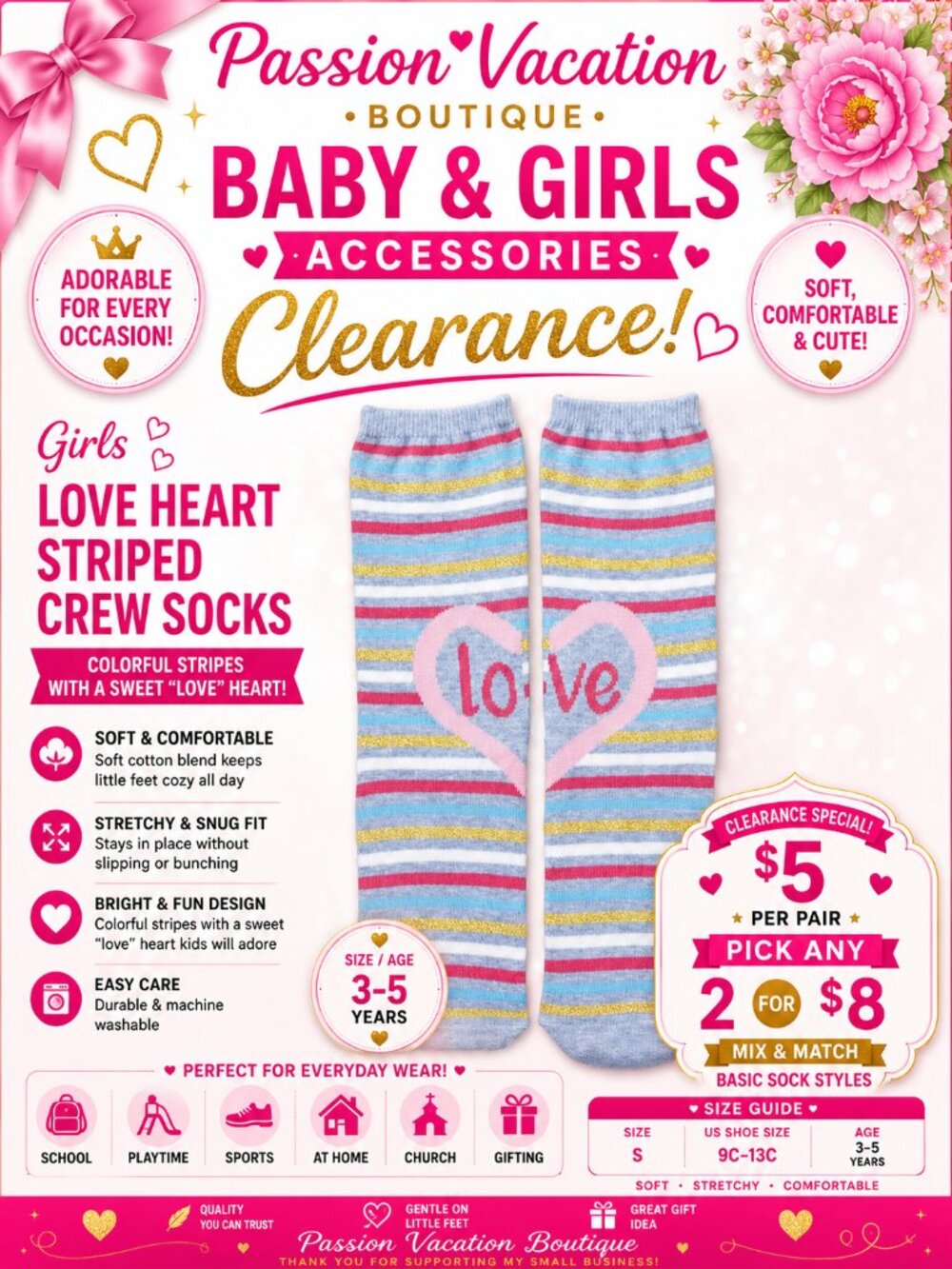 Girls Love Heart Striped Crew Socks | Colorful Pink Blue Yellow | Size 6–8.5
